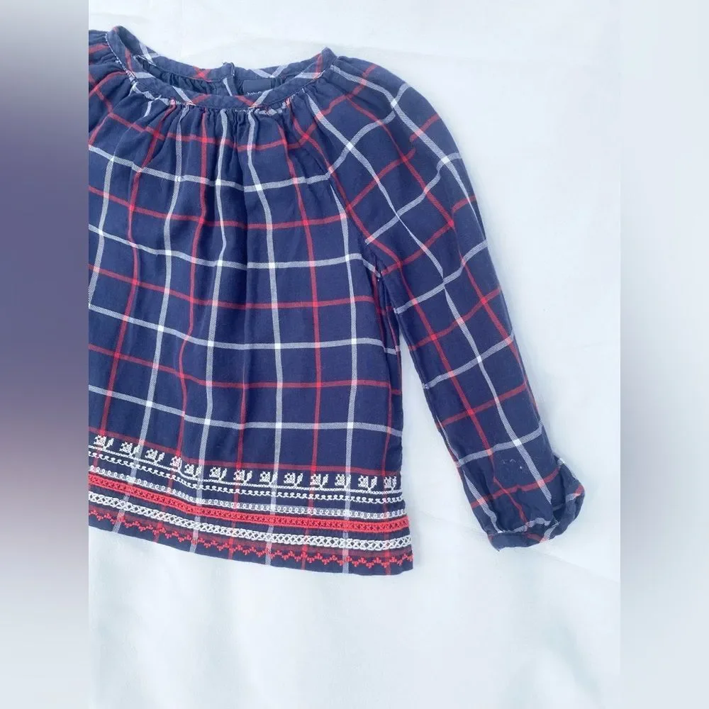 Baby Gap 3T Girls Navy Blue Red Plaid Embroidered Dressy Top Shirt Blouse